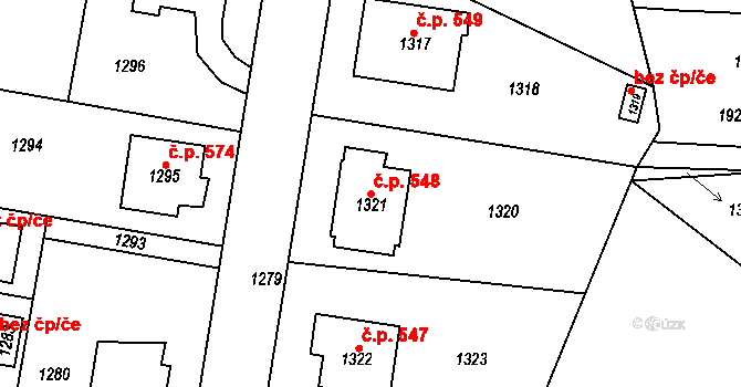 Dobrovice 548 na parcele st. 1321 v KÚ Dobrovice, Katastrální mapa