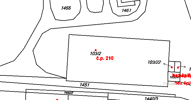 Mšené-lázně 210 na parcele st. 103/2 v KÚ Mšené-lázně, Katastrální mapa