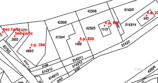 Velké Karlovice 539 na parcele st. 1069 v KÚ Velké Karlovice, Katastrální mapa