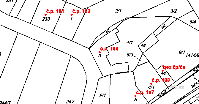 Miletín 184 na parcele st. 3 v KÚ Miletín, Katastrální mapa