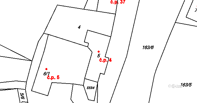 Čábuze 4, Vacov na parcele st. 5 v KÚ Čábuze, Katastrální mapa
