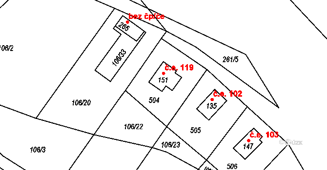 Litice nad Orlicí 119, Záchlumí na parcele st. 151 v KÚ Litice nad Orlicí, Katastrální mapa