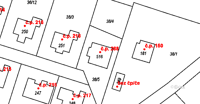 Přední Ptákovice 288, Strakonice na parcele st. 516 v KÚ Přední Ptákovice, Katastrální mapa