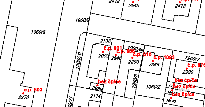 Borovina 601, Třebíč na parcele st. 2093 v KÚ Třebíč, Katastrální mapa
