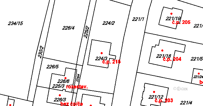 Staré Hodějovice 215 na parcele st. 224/3 v KÚ Staré Hodějovice, Katastrální mapa