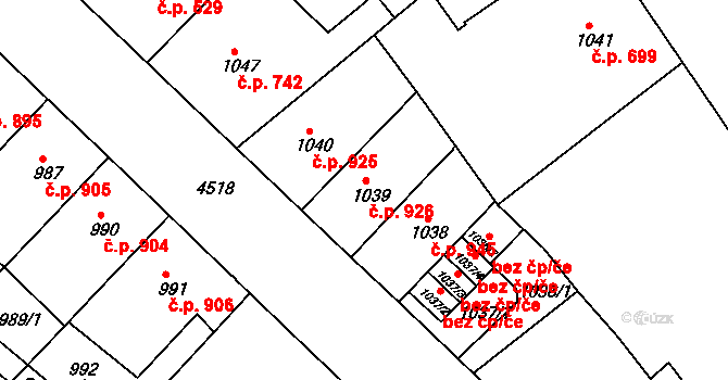 Teplice 926 na parcele st. 1039 v KÚ Teplice, Katastrální mapa