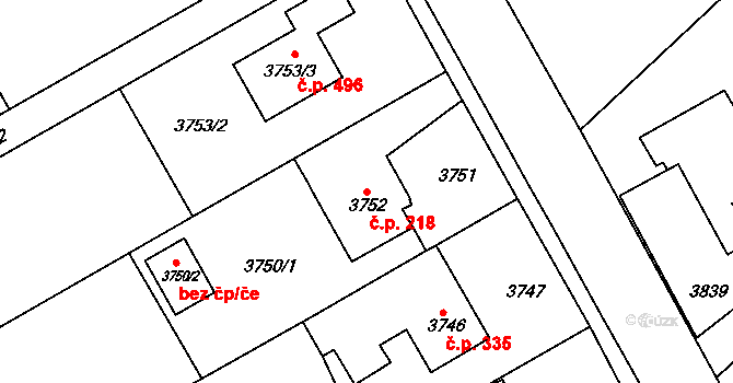 Lískovec 218, Frýdek-Místek na parcele st. 3752 v KÚ Lískovec u Frýdku-Místku, Katastrální mapa