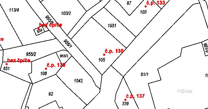 Borohrádek 135 na parcele st. 105 v KÚ Borohrádek, Katastrální mapa