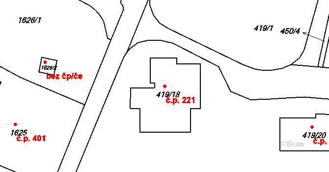 Rumburk 1 221, Rumburk na parcele st. 419/18 v KÚ Rumburk, Katastrální mapa