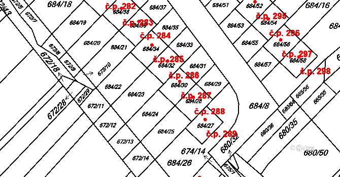 Rozdrojovice 287 na parcele st. 684/30 v KÚ Rozdrojovice, Katastrální mapa