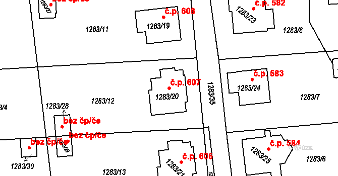 Prostřední Suchá 607, Havířov na parcele st. 1283/20 v KÚ Prostřední Suchá, Katastrální mapa