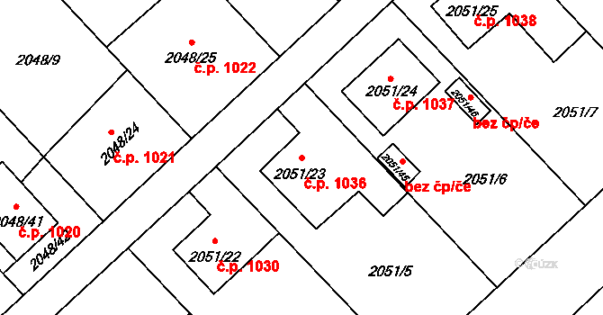 Hlučín 1036 na parcele st. 2051/23 v KÚ Hlučín, Katastrální mapa