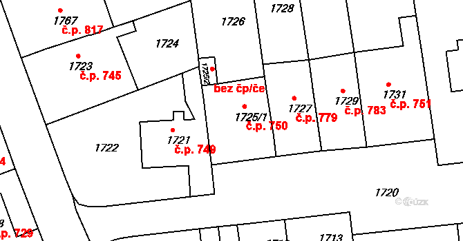 Bučovice 750 na parcele st. 1725/1 v KÚ Bučovice, Katastrální mapa