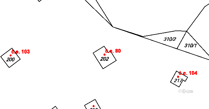 Kunčí 80, Slatiňany na parcele st. 202 v KÚ Kunčí, Katastrální mapa