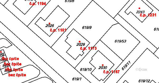 Neratovice 1173 na parcele st. 2029 v KÚ Neratovice, Katastrální mapa