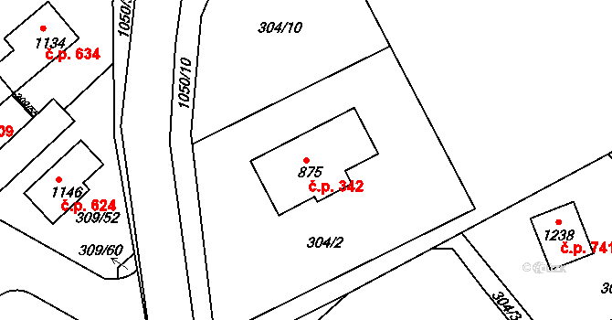 Nučice 342 na parcele st. 875 v KÚ Nučice u Rudné, Katastrální mapa