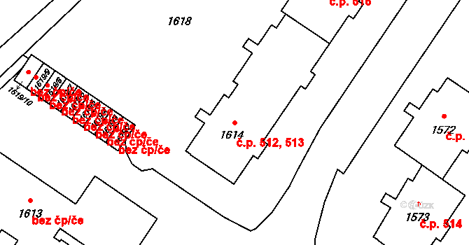 Postřelmov 512,513 na parcele st. 1614 v KÚ Postřelmov, Katastrální mapa