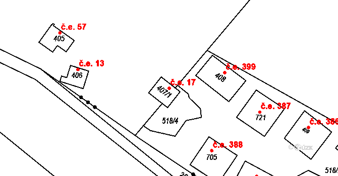 Sýkořice 17 na parcele st. 407/1 v KÚ Sýkořice, Katastrální mapa
