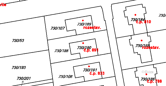 Moravany 891 na parcele st. 730/190 v KÚ Moravany u Brna, Katastrální mapa