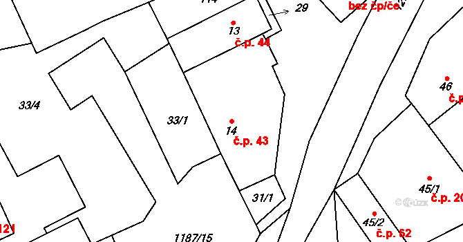 Liběšovice 43, Blšany na parcele st. 14 v KÚ Liběšovice, Katastrální mapa