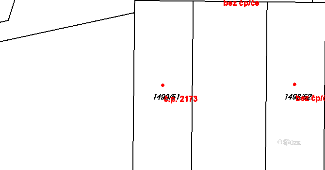 Louny 2173 na parcele st. 1493/51 v KÚ Louny, Katastrální mapa