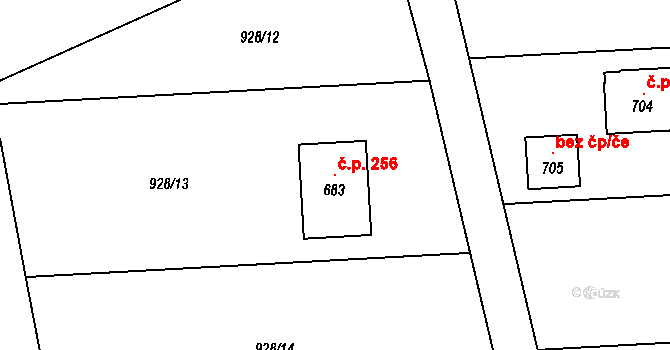 Radošov 256, Kyselka na parcele st. 683 v KÚ Radošov u Kyselky, Katastrální mapa