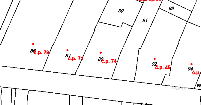 Žeraviny 74 na parcele st. 88 v KÚ Žeraviny, Katastrální mapa