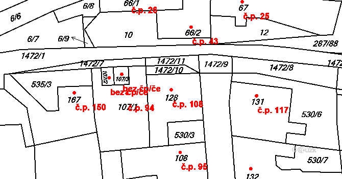 Tetín 108 na parcele st. 128 v KÚ Tetín u Berouna, Katastrální mapa