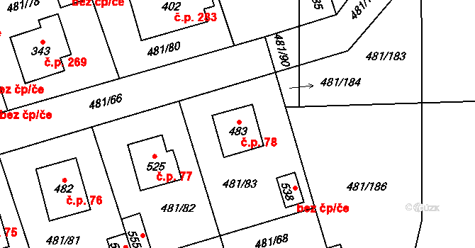 Čížkovice 78 na parcele st. 483 v KÚ Čížkovice, Katastrální mapa
