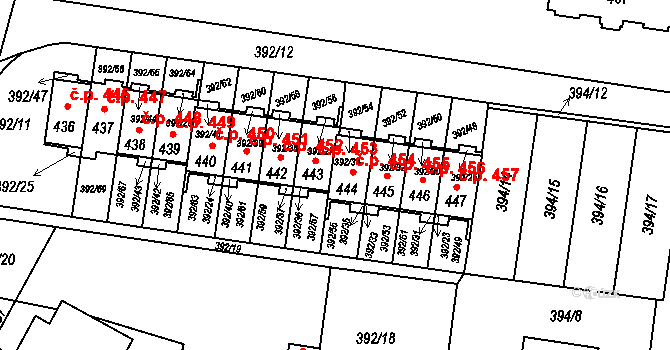 Okříšky 454 na parcele st. 444 v KÚ Okříšky, Katastrální mapa