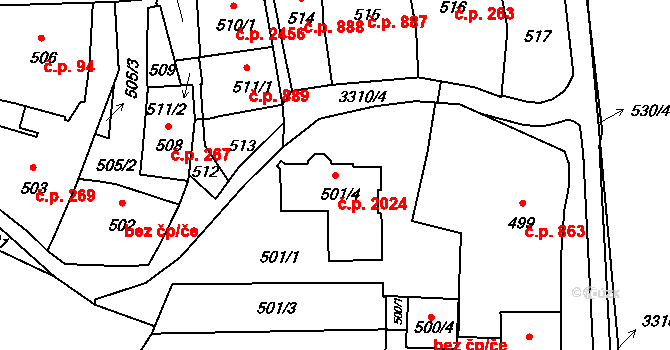 Pelhřimov 2024 na parcele st. 501/4 v KÚ Pelhřimov, Katastrální mapa