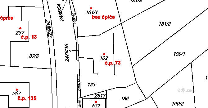 Leskovec 73 na parcele st. 102 v KÚ Leskovec, Katastrální mapa