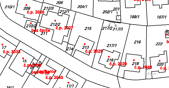 Komořany 2028, Praha na parcele st. 213 v KÚ Komořany, Katastrální mapa