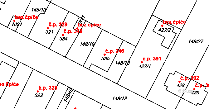 Pouchov 346, Hradec Králové na parcele st. 335 v KÚ Pouchov, Katastrální mapa