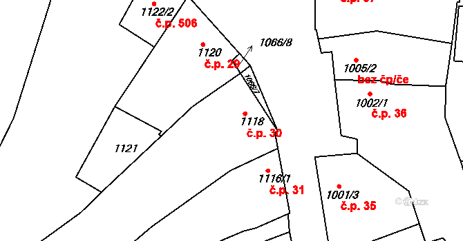 Blučina 30 na parcele st. 1118 v KÚ Blučina, Katastrální mapa