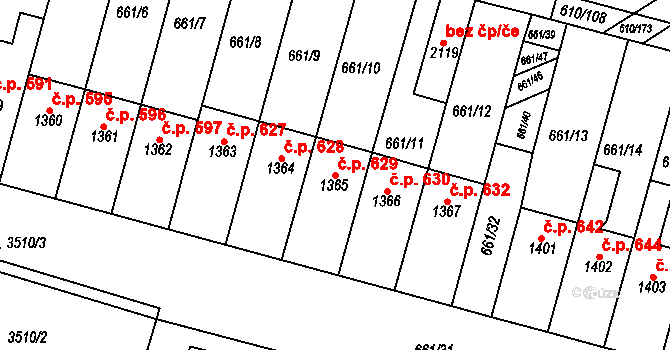 Rosice 629 na parcele st. 1365 v KÚ Rosice u Brna, Katastrální mapa