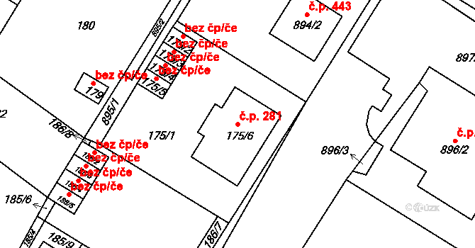 Křimice 281, Plzeň na parcele st. 175/6 v KÚ Křimice, Katastrální mapa