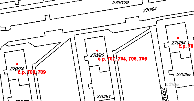 Skvrňany 704,705,706,707, Plzeň na parcele st. 270/81 v KÚ Skvrňany, Katastrální mapa