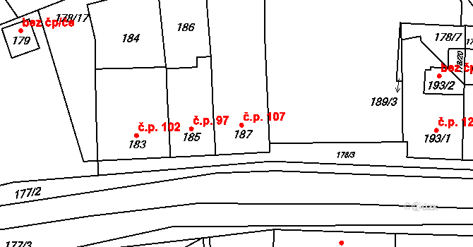 Malešovice 107 na parcele st. 187 v KÚ Malešovice, Katastrální mapa