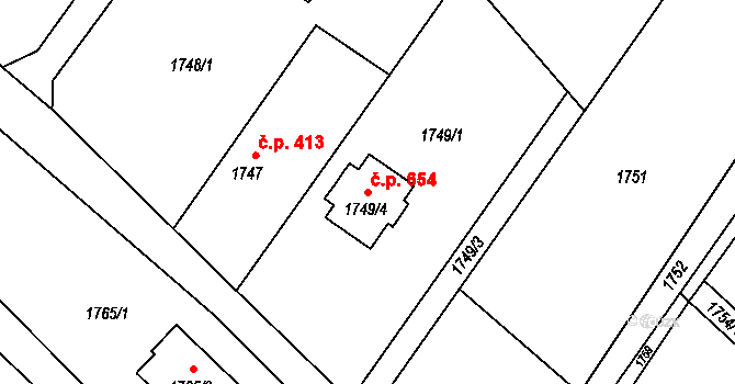 Rapotín 654 na parcele st. 1749/4 v KÚ Rapotín, Katastrální mapa