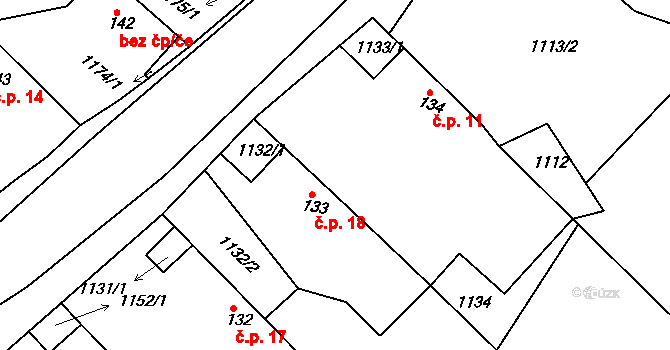 Jarošov 18, Uhelná Příbram na parcele st. 133 v KÚ Uhelná Příbram, Katastrální mapa