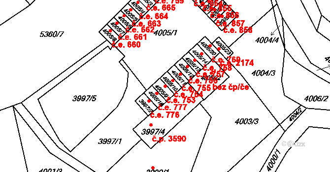 Znojmo 753 na parcele st. 4005/9 v KÚ Znojmo-město, Katastrální mapa