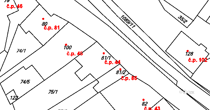 Milonice 44 na parcele st. 81/1 v KÚ Milonice, Katastrální mapa