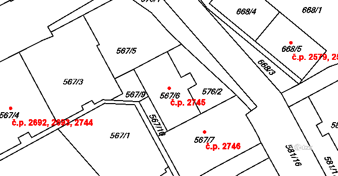 Předměstí 2745, Opava na parcele st. 567/6 v KÚ Opava-Předměstí, Katastrální mapa