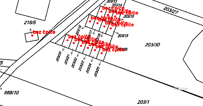Plzeň 46514074 na parcele st. 203/25 v KÚ Lobzy, Katastrální mapa