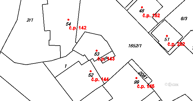 Hostěrádky-Rešov 143 na parcele st. 53 v KÚ Hostěrádky, Katastrální mapa