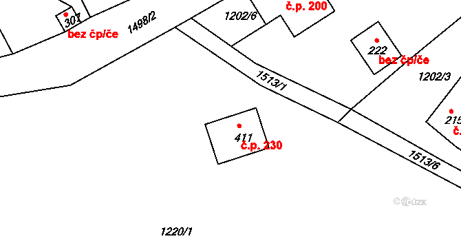 Srbská Kamenice 230 na parcele st. 411 v KÚ Srbská Kamenice, Katastrální mapa
