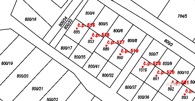 Hanušovice 517 na parcele st. 889 v KÚ Hanušovice, Katastrální mapa