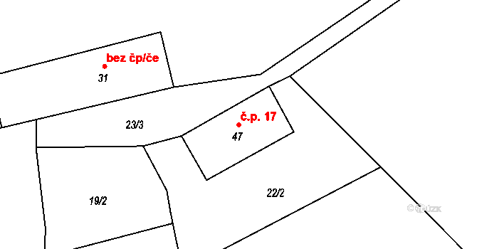 Branišov 17, Zdíkov na parcele st. 47 v KÚ Branišov u Zdíkovce, Katastrální mapa