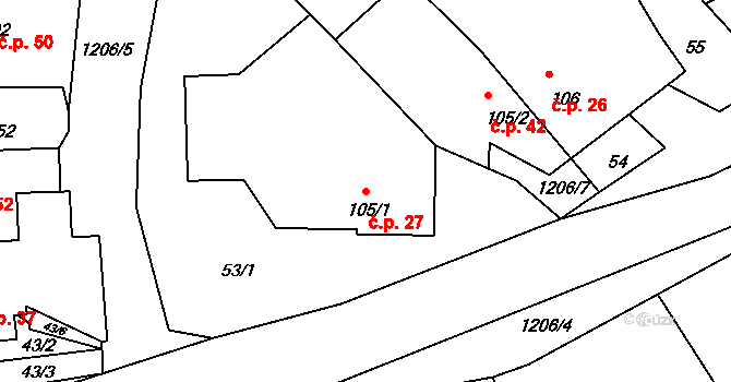 Rájec 27 na parcele st. 105/1 v KÚ Rájec u Zábřeha, Katastrální mapa